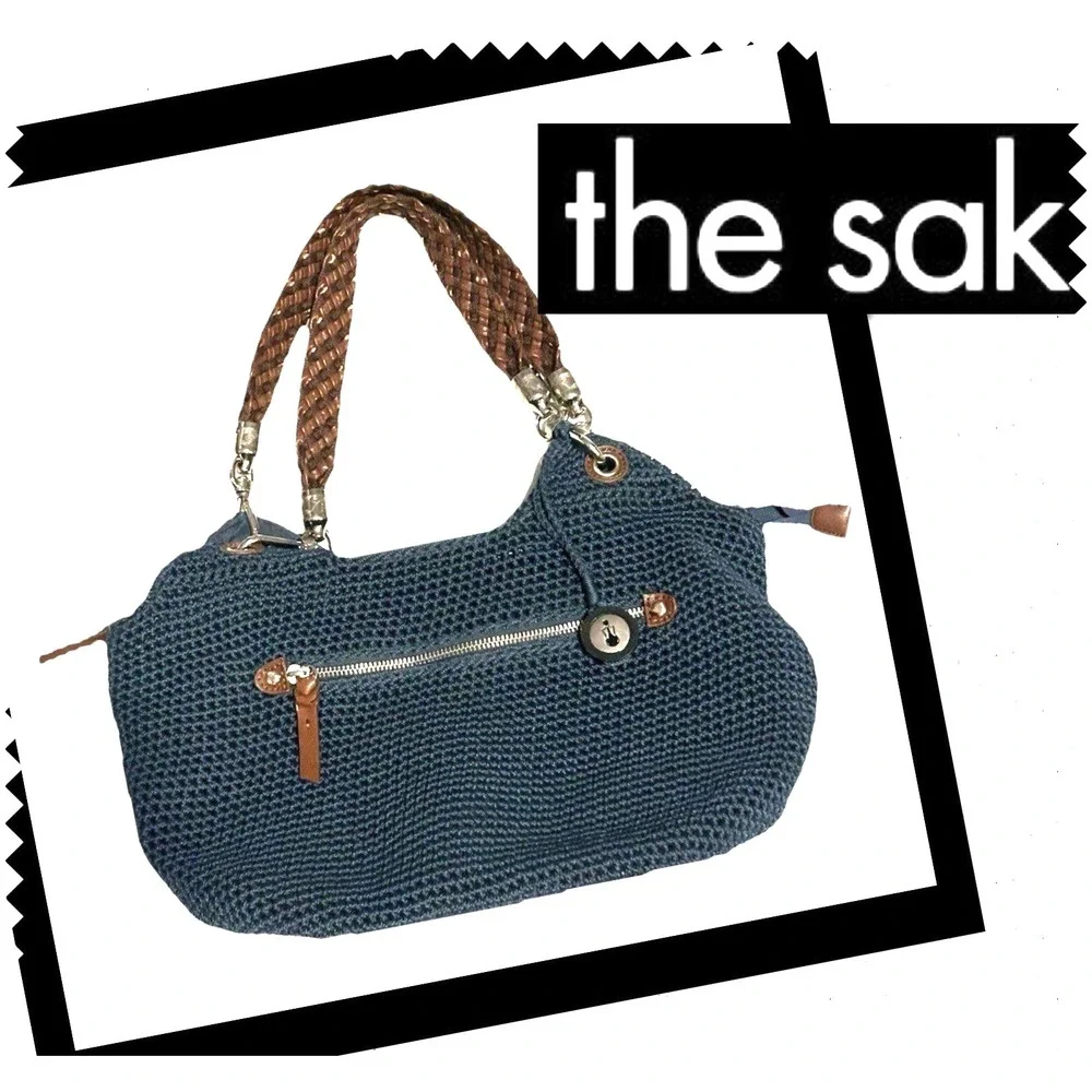 THE SAK Indio Navy Blue Crochet Shoulder Bag Hobo Bucket Nautical Beachy Cruise